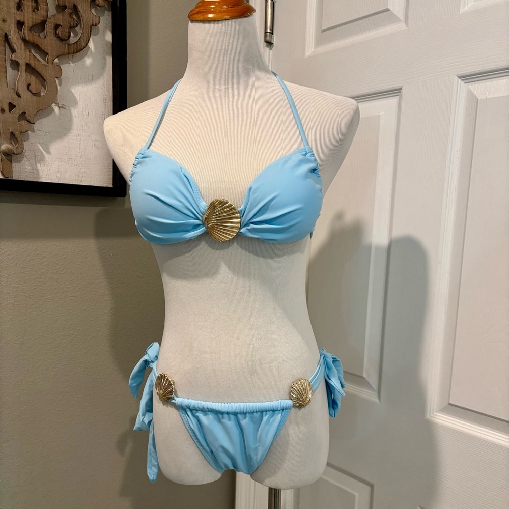 Light Baby Blue String Bikini With Gold Seashell Access Size Medium